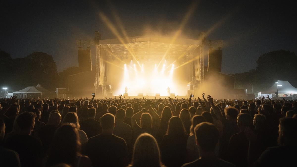 Crowd silhouettes in front of an open-air festival stage lit in warm yellow at night